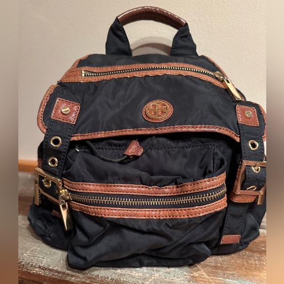 Tory Burch backpack black nylon brown leather multiple zipper and open pockets main image 3